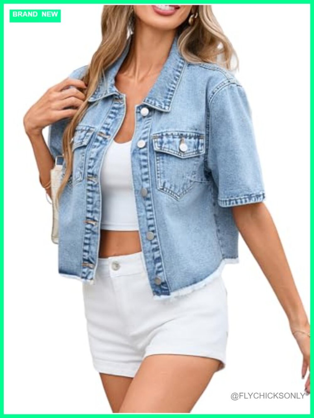 Short Sleeve Denim Jacket Frayed Hem Cropped Button Down Summer Casual